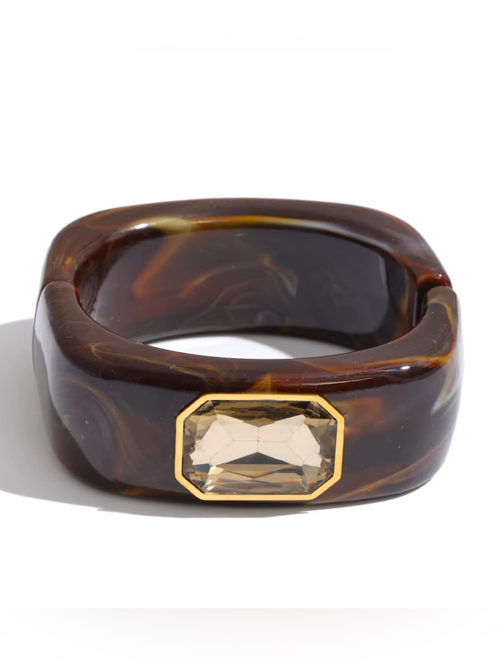 Gemstone Acrylic Bangle Cuff Brown Marble Resin Bangle with Gold-Tone Amber Gem